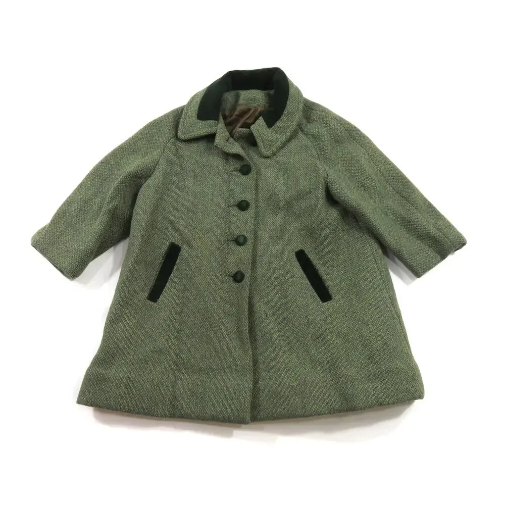 Wool Coat Green Tweed Kids Youth Sized Covered Buttons 1960s